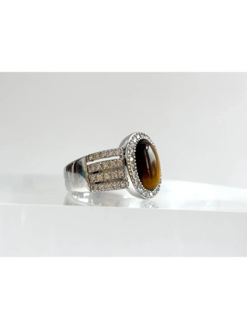 Genuine Tiger's Eye Gemstone Open Shank Sterling Silver 925 Vintage Ring - sz 8